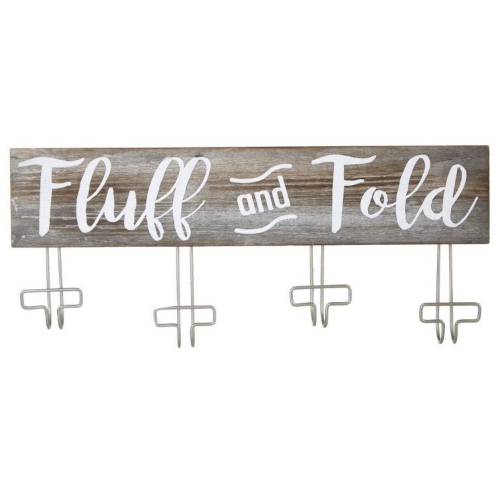 Wooden ‘Fluff & Fold’ Farmhouse 4 Hook Decorative Wall Hanger NWT